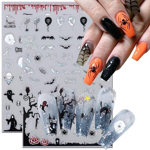 Miniatura 2 de 6 hojas de calcomanías de arte de uñas de Halloween  Calcomanías de uñas de Halloween autoadhesivas 3D de dibujos animados fantasma, esqueleto,