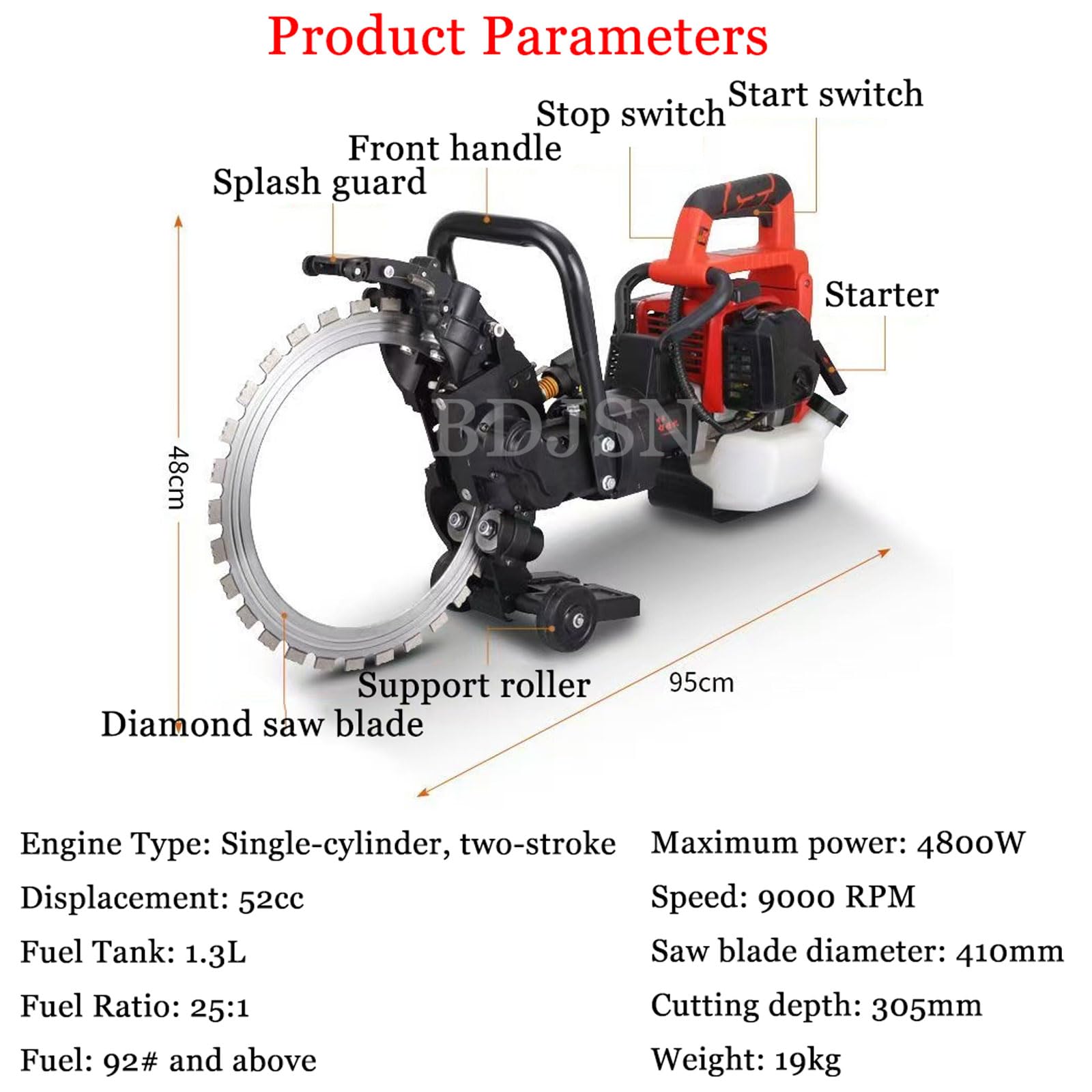 Sierra Circular De Exterior a Gasolina, Profundidad De Corte De 12", con Motor De 2 Tiempos De 52 CC, Sistema De Supresión De Polvo con Alimentación De Agua