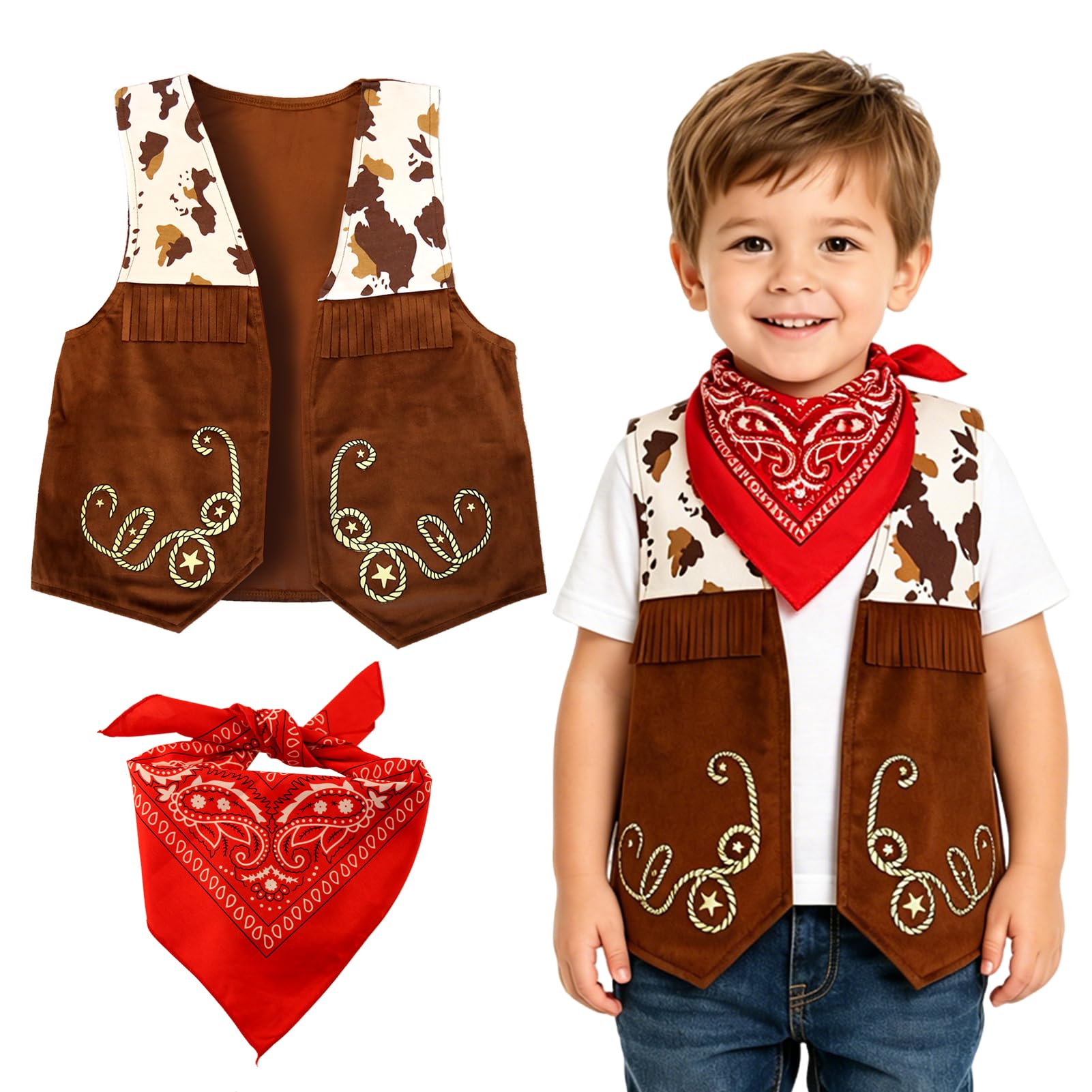LEADSTAR Costume da Cowboy per Bambini, Completo Western con Gilet e Bandana per Ragazzi e Ragazze 3-12 Anni, Set Vestito Cowboy per Halloween, Carnevale, Giochi di Ruolo