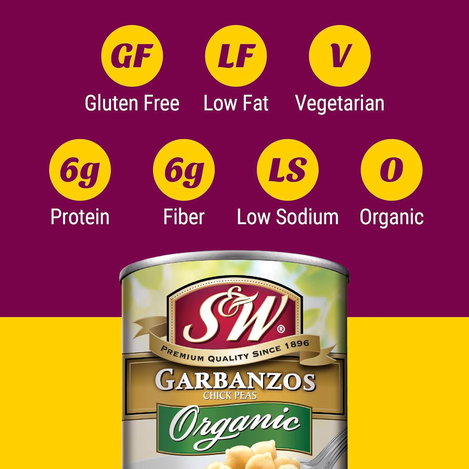 S&W Organic Canned Garbanzos, Chickpeas, Plant Protein and Fiber, Gluten Free, Vegan, Low Fat, Low Sodium, 12 Pack of 15.5 oz Cans, Canned Beans