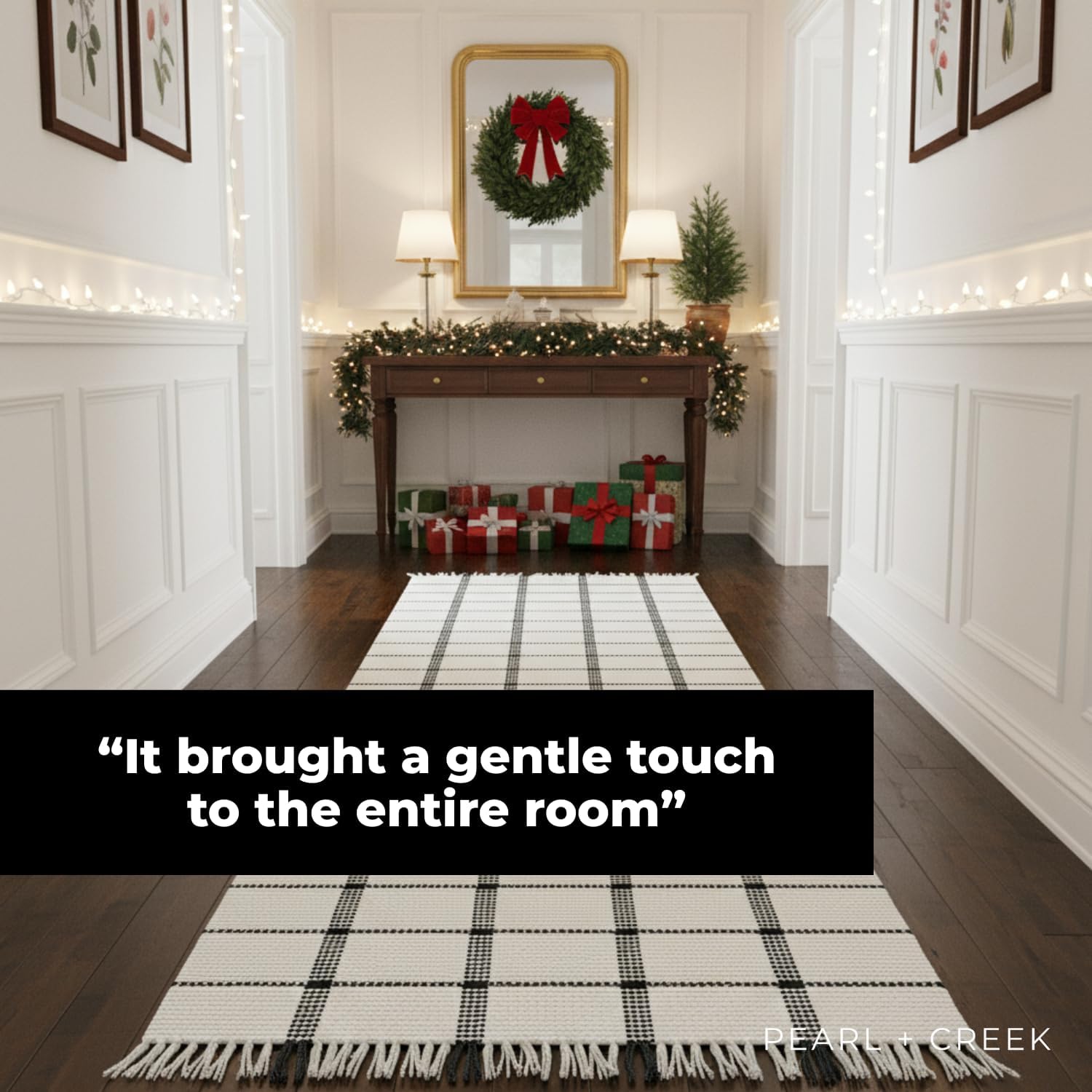 Flenn Check Rug Runner 2x8 ft – Sand Beige and Charcoal Handwoven Cotton Floor Runner – Washable Checker Hallway Rug for Entry, Kitchen, or Laundry Room