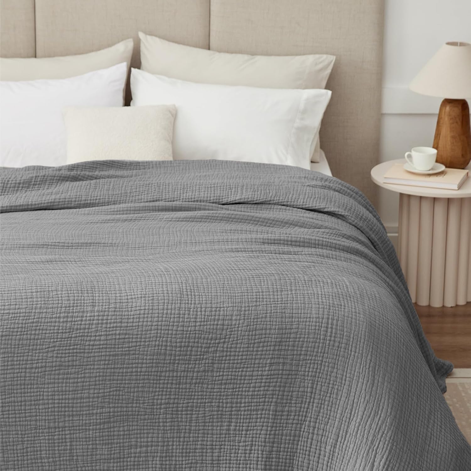 100% Cotton Muslin Blanket King 108" x 90", 6 Layers Breathable and Lightweight Cotton Throw Blanket for Bed, Soft Quilt Bedspread Coverlet, Gauze Blanket for Adults All Season, Grey - Image 2