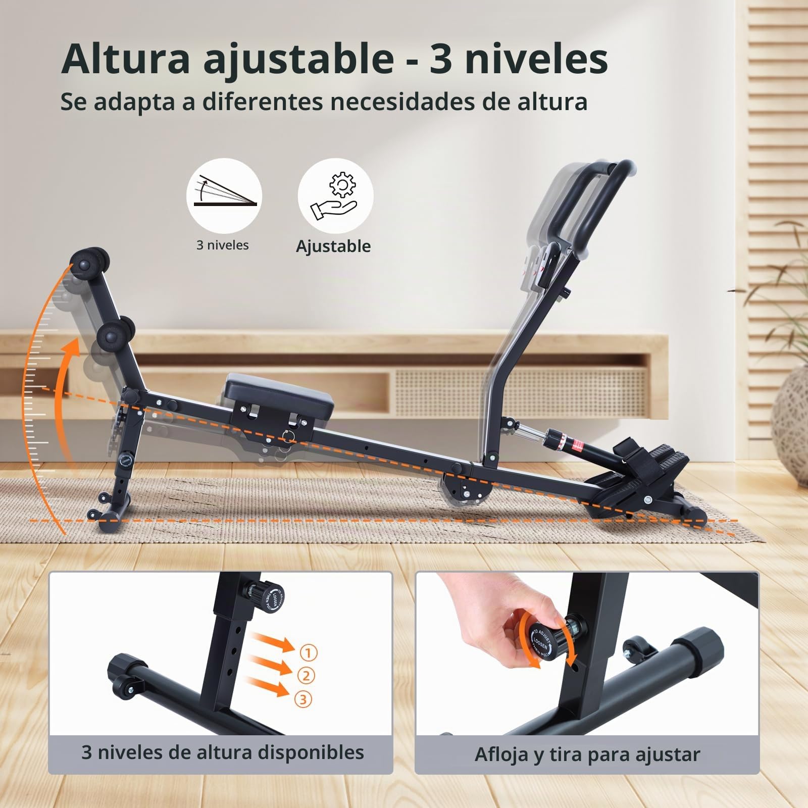 Máquina de remo para el hogar, Sportneer hidráulica plegable con 12 niveles de resistencia, máquina de fitness para el hogar, abdominales con mango en U y respaldo, soporta hasta 135 kg