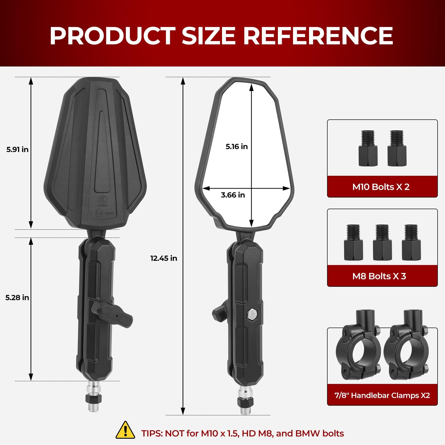 Heart Horse 7/8" 22mm Retroviseurs Moto E-mark Homologué, Retroviseur Moto Embout de Guidon avec Filetés M8 M10, Rétroviseurs de Moto Rabattable Guidon Moto pour Enduro Aventure Scooter Quad ATV