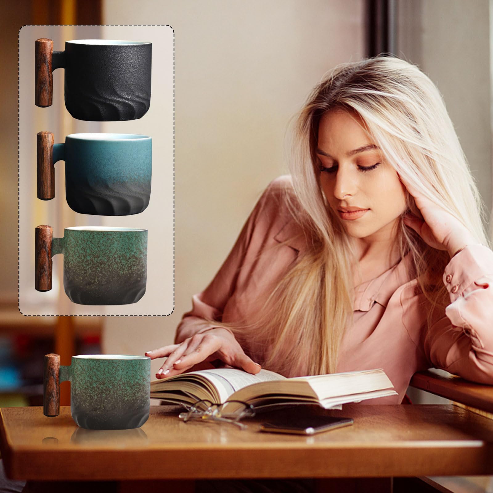 Lot de 6 Tasses à Expresso (6 x 70 ml) Tasse a Cafe Céramique Tasse Expresso avec Anse en Bois, Ensemble Tasse a Cafe Petite Tasse à Café pour Espresso, Thé (Lot de 6 - Noir Bleu Vert)