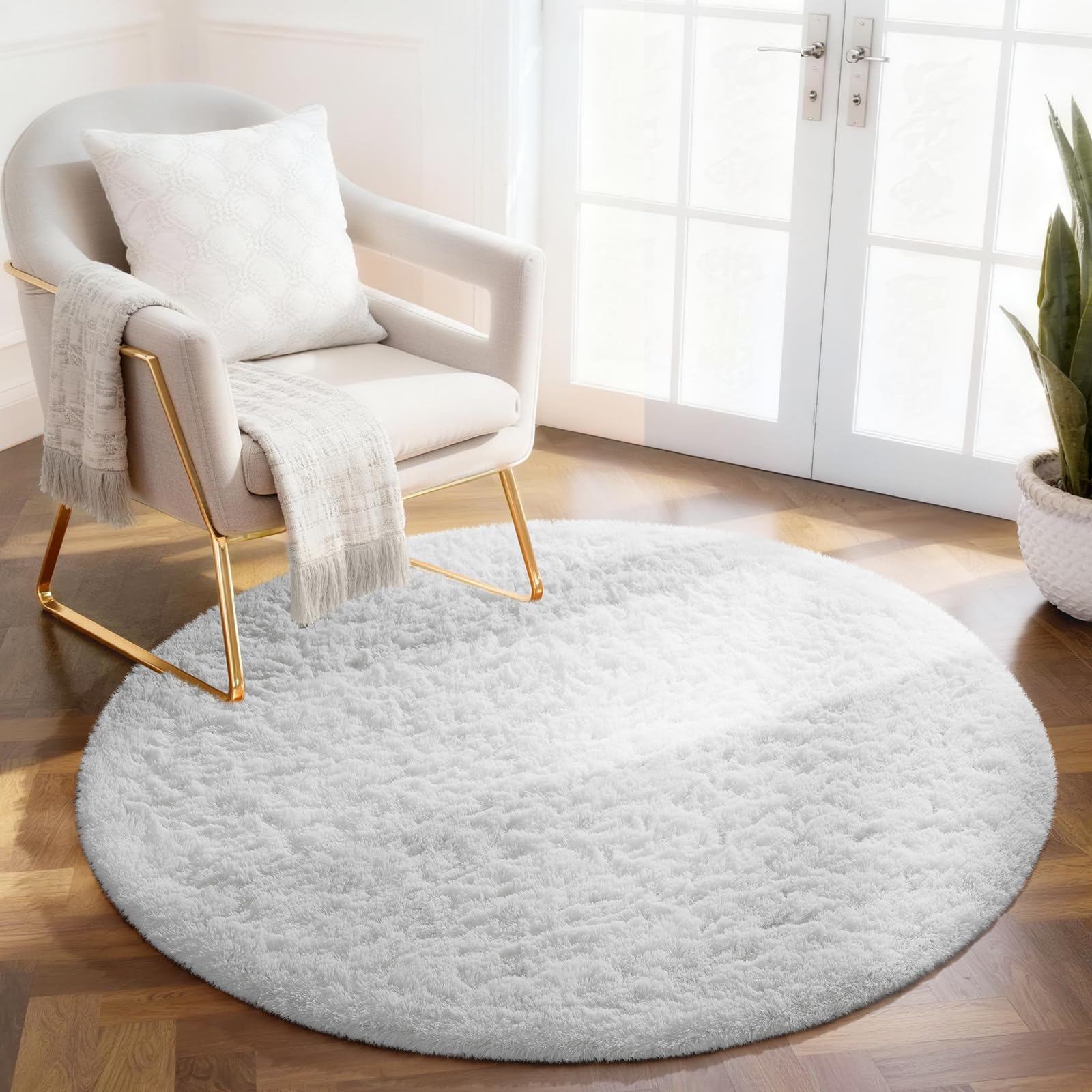 ophanie round rug 4ft white circle area rug, aesthetic room decor, fluffy fuzzy bedroom carpet, plush soft shaggy living room rugs for kids home decor, nursery