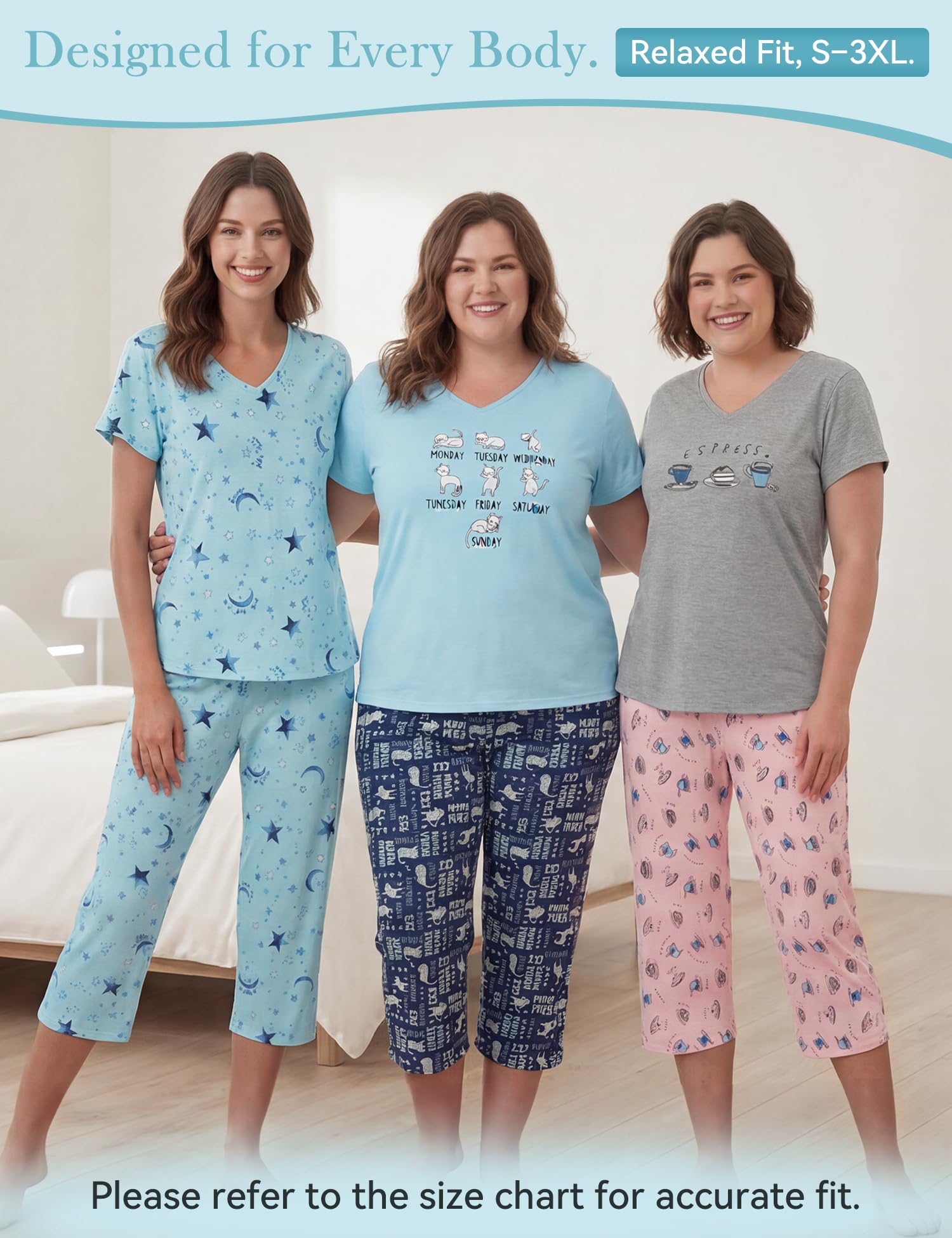 American Trends Paquete de 2 pijamas de algodón para mujer, conjunto de dos piezas de manga corta con pantalones capri, conjunto de pijama de verano