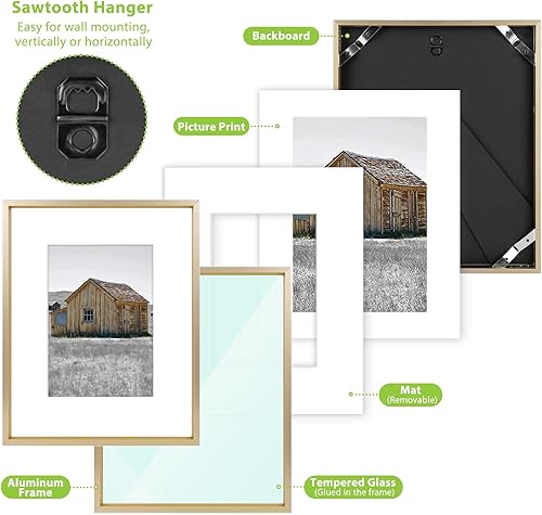 Vista 4 de Golden State Art - Marco de fotos de aluminio satinado clásico de 8 x 10 con alfombrilla de color marfil para fotos de 5 x 7 y cristal real, Dorado