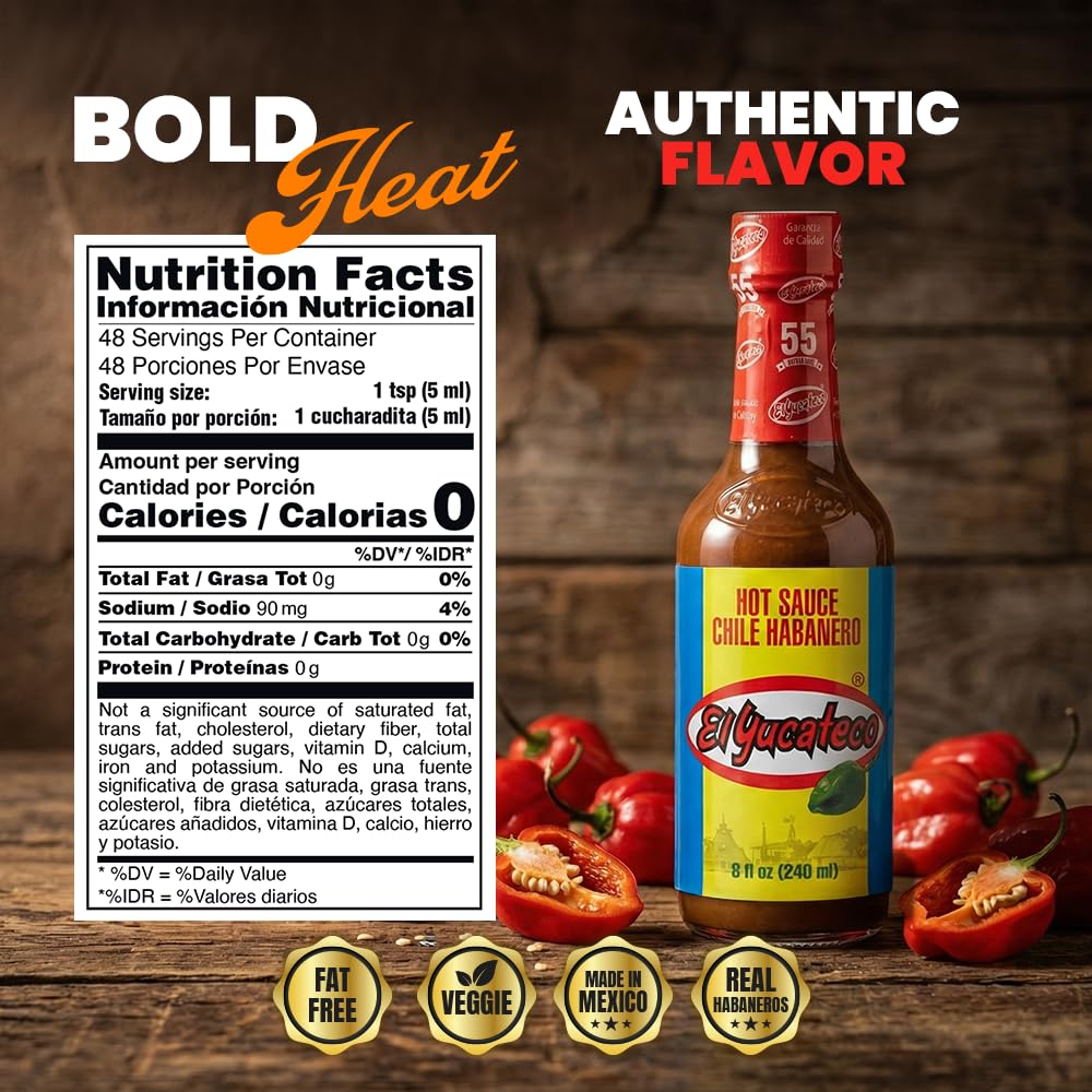 El Yucateco Red Habanero Hot Sauce Authentic Mexican Chile Habanero Sauce, Medium Heat, Pack of 1 (8 fl oz / 120 ml), Imported from Mexico
