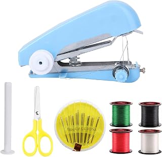 Mini Máquina de Coser,Máquina de Coser Manual Portátil,Mini Máquina de Coser de Mano Fácil de Usar Y de Puntada Rápida Adecuada para Ropa Cortinas Telas Bricolaje para Viajes en Casa (Azul)
