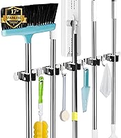 AceMining 5 Racks 4 Hooks Mop Broom Holder Wall Mount - Stainless Steel Heavy Duty Non-Slip Organizer for Garage Kitchen Laundry Garden