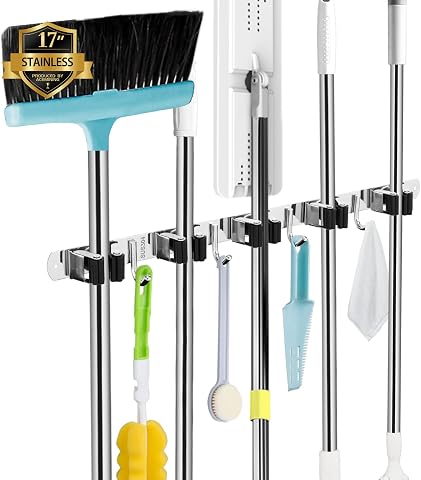 AceMining 5 Racks and 4 Hooks Wall Mount Mop and Broom Holder, Stainless Steel Heavy Duty Organizer