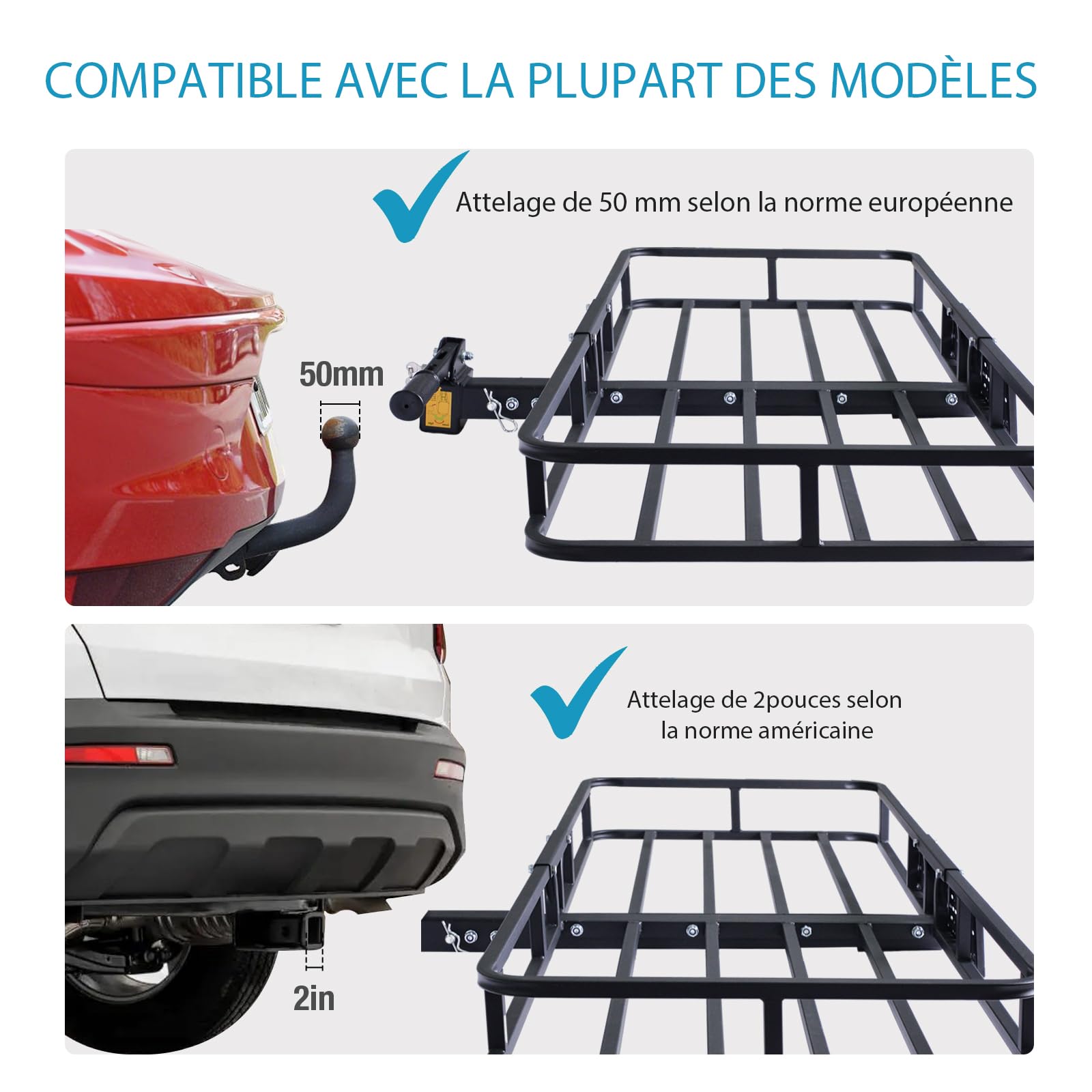 Porte-Bagages arrière pour attelage 120×61×15 cm, Porte-Charge arrière, Compatible attelage remorque, pour ATV/Quad, Voiture et SUV