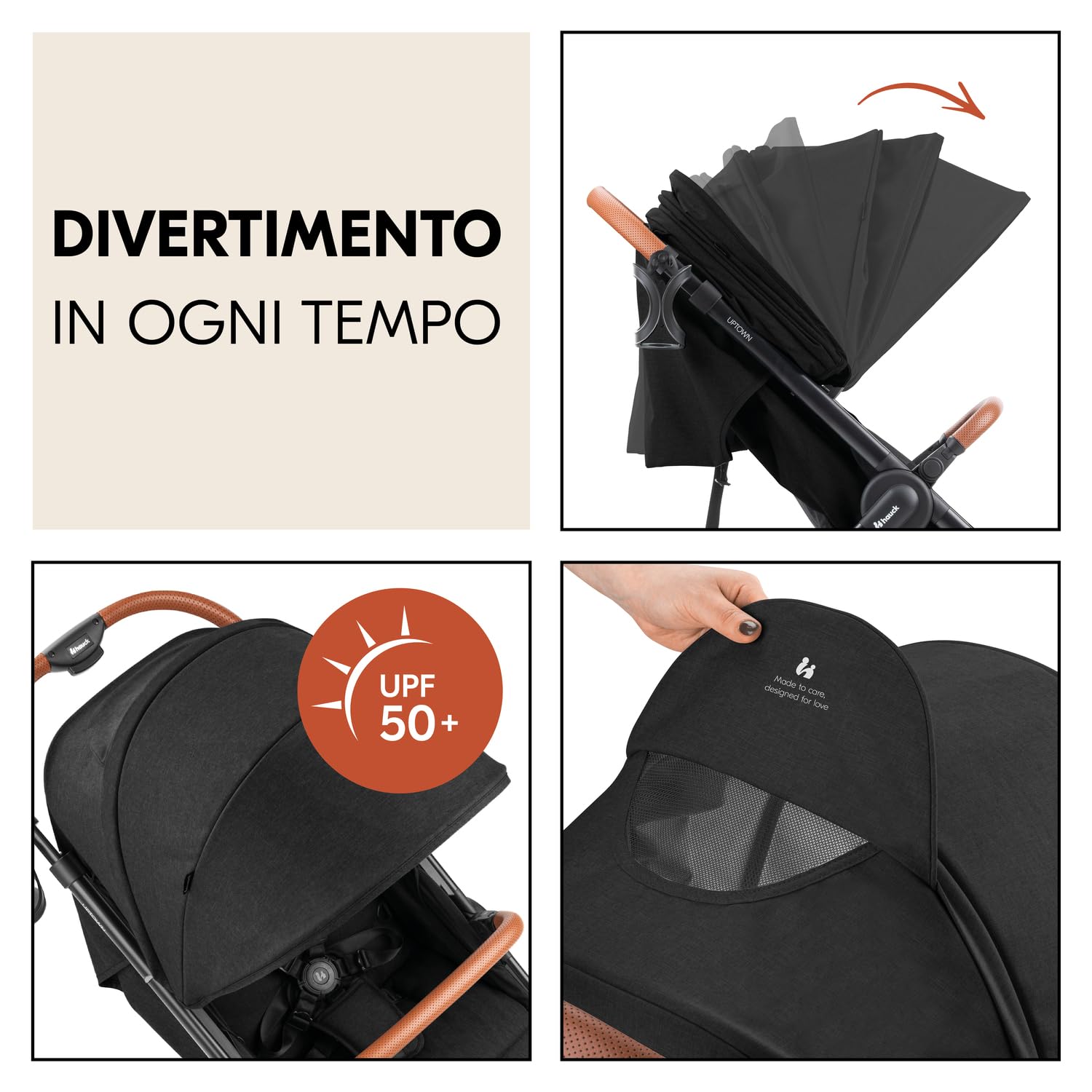 hauck Uptown, Nero - Passeggino Reclinabile dalla Nascita con Ampia Seduta fino a 22 kg, Portabicchieri, Grandi Ruote di Gomma Ammortizzate, Protezione UPF 50+, Manubrio Regolabile, Pieghevole
