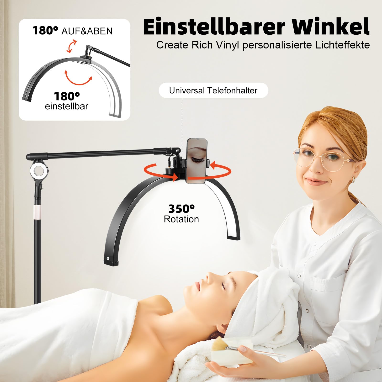 Halbmond-LED-Lampe, Wimpernverlängerung lampe mit Telefonhalter, Faltbare Einziehbarer Wimpern, 3200K-5600K, professionelle ästhetische Lampe für Beauty, Tätowierer, Make-Up Artists