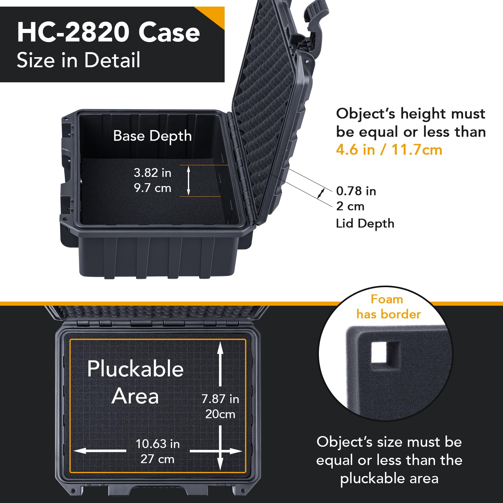 Lykus HC-2820 Maletín/Maleta/Estuche/Case rígida Impermeable con Espuma Personalizable, Tamaño Interior 28,2x22,2x11,7 cm, Adecuado para electrónica y más