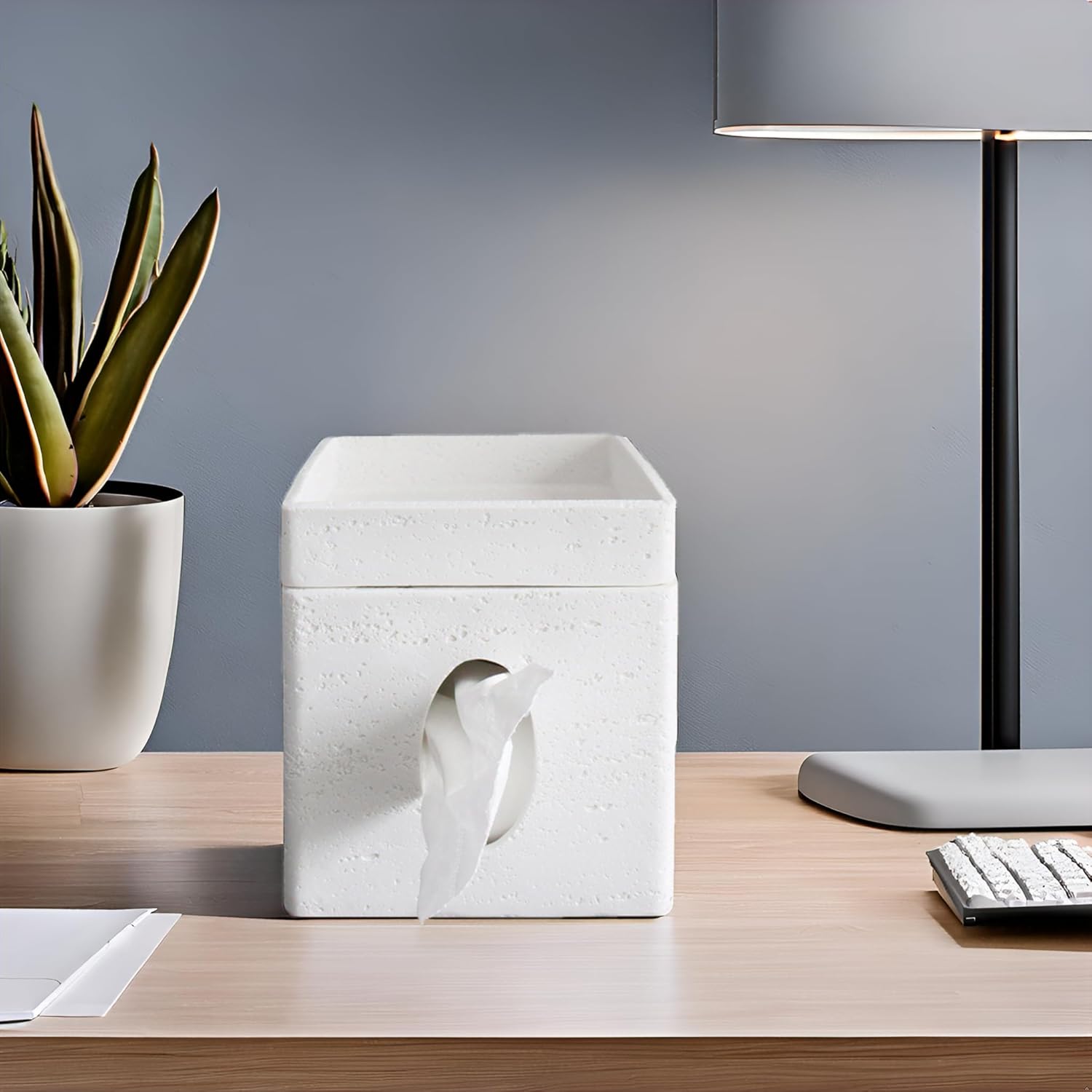 Hymmah Tray Tissue Box Cover Holder Unique Cube Design Tissue Dispenser Cover Decor for Vanity Counter Tops Also Great for Bedroom and Living Room White