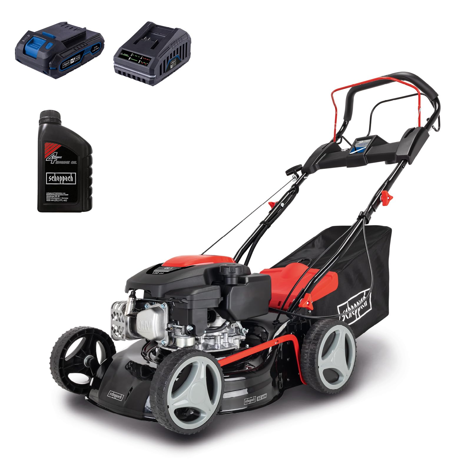 Scheppach Rasenmäher RM420AE | 5in1-3,5PS | Schnittbreite 420mm | 45L Fangkorb | Schnitthöhenverstellung 25-75 mm | inkl. E-Start, Radantrieb, Reinigungsfunktion & Motoröl
