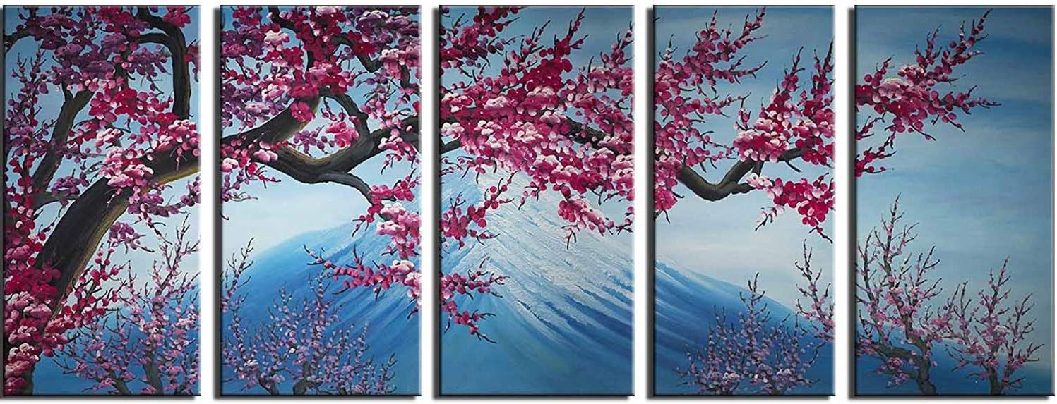 5 Panels Handmade Plum and Fuji Mountain Oil Painting Wall Decor Hanging, Canvas Artwork Framed on Wood Perfect Fengshui Decal for Living Room (Plum18, [L]: 12x20inchx5pcs)