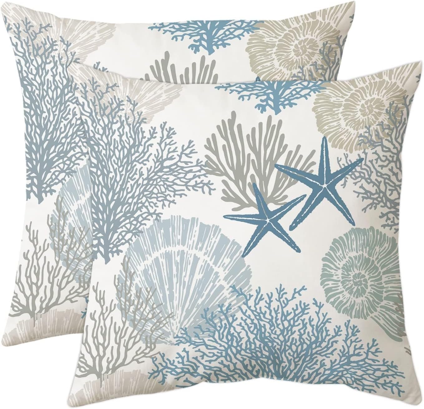 Tritard Nautical Coastal Throw Pillow Covers Set of 2 Ocean Themed Beach Seashell Coral Starfish Velvet Couch Pillow Cases Outdoor Sofa Cushion Cover Modern Decor for Bed Living Room, 18" x 18", Blue