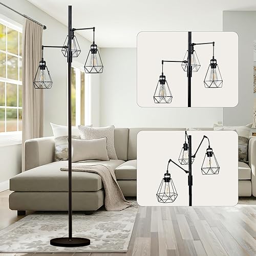 JuGuo 69" Industrial Tree Floor Lamp with Stepless Dimming - Adjustable Cage Shades & weighted Base, Vintage Dimmable Standing Light for Living Room/Office, 3x Edison Bulbs Included (Farmhouse Rustic)