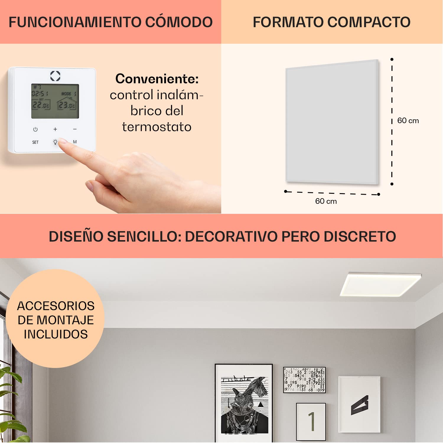 Klarstein Radiador Electrico Bajo Consumo con Panel de Infrarrojos, 350W para Casa, Estufa Portátil Mando a Distancia, Detección Ventanas Abiertas, Calefactor Baño con Termostato Techo y Pared, IP44