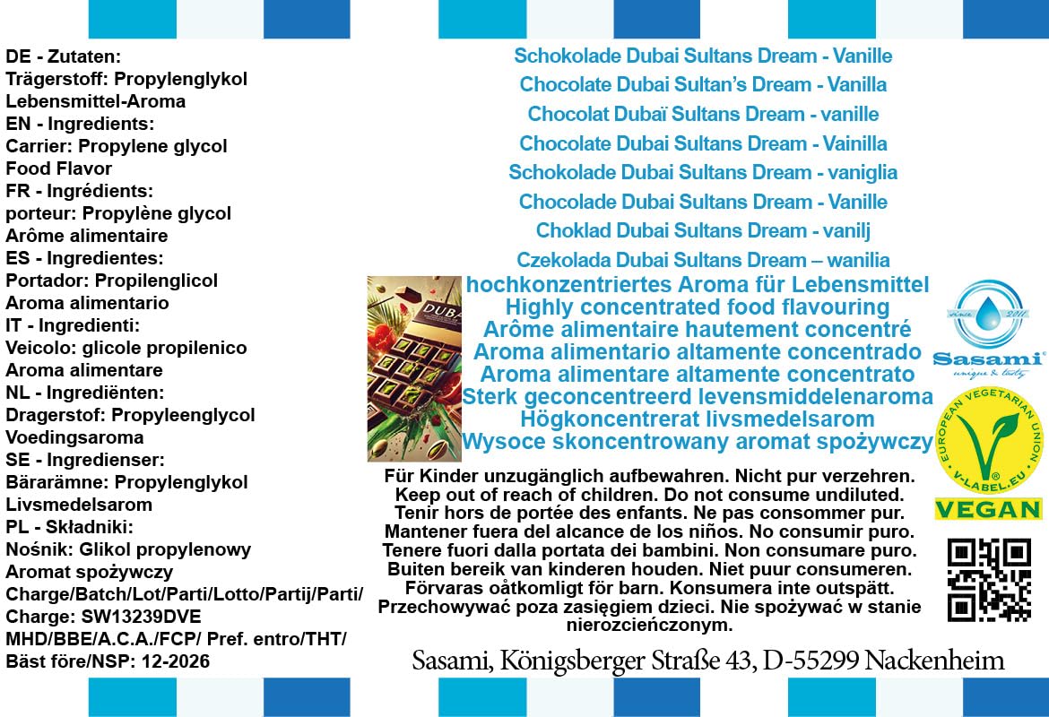 Czekolada Dubai Sultans Dream – wanilia aromat koncentrat – Wegański – Sasami – 100ml