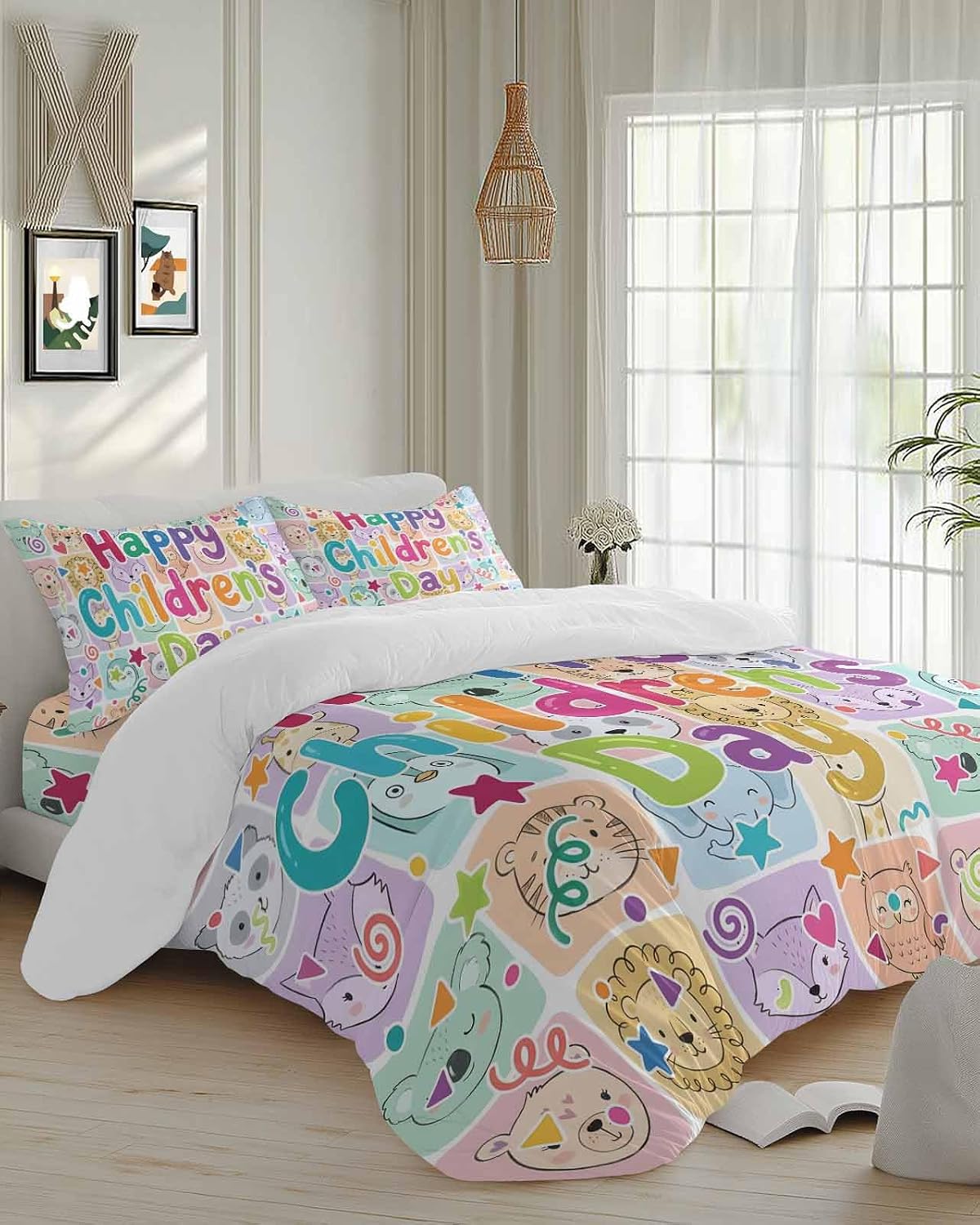 Duvet Cover Cal. King Size - 4 Pieces Bedding Set, Happy Children's Day Bedding Comforter Covers Zipper Closure, 1 Duvet Covers 1 Fitted Sheet 2 Pillow Shams Cartoon Curtain Animals