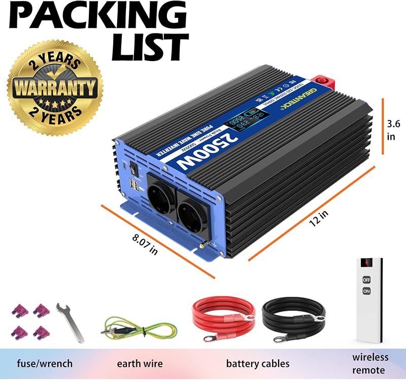 GREANTECK 2500W Tiszta Szinusz Inverter 12V-220V LCD Kijelzővel Távirányítóval USB-C