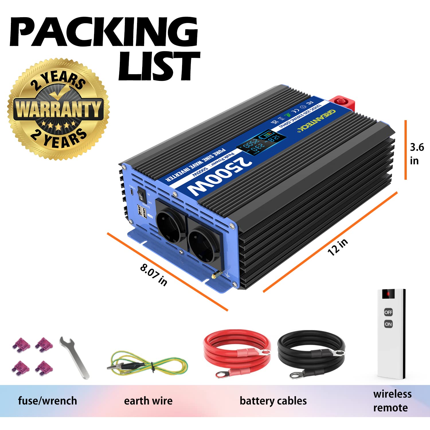 Wechselrichter 12v auf 230v Reiner Sinus Wechselrichter 2500w mit Fernbedienung, 2 EU-Steckdosen, USB-Anschlüsse, Typ-C-Anschluss, LCD-Anzeige für Auto, Wohnwagen, Boot, Camping