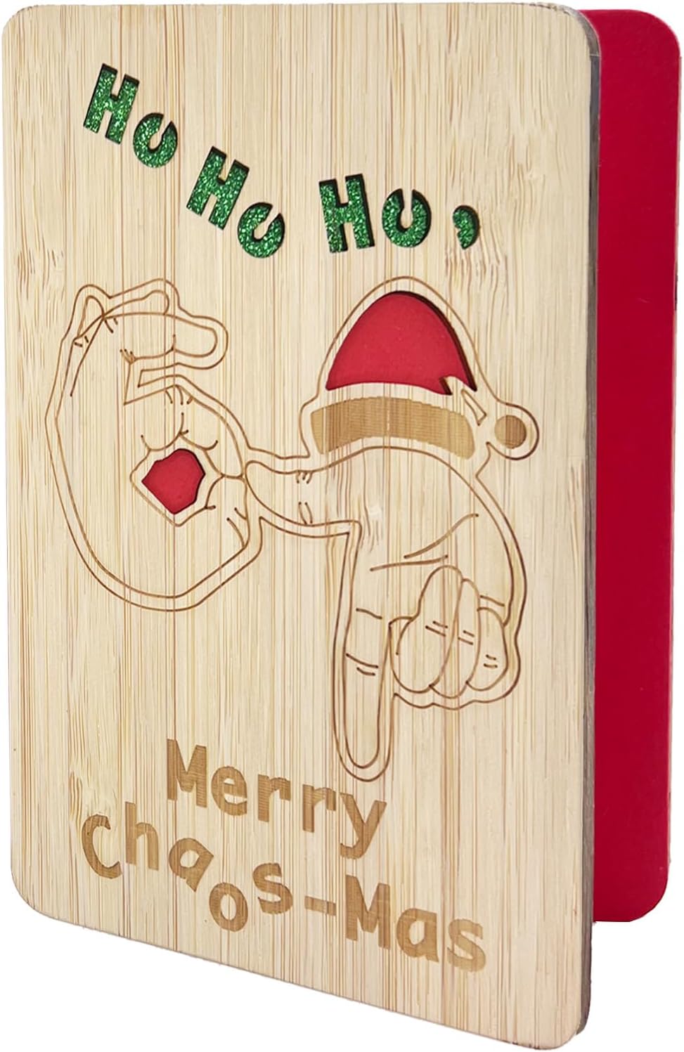 67 Funny Christmas Wooden Card, Ho Ho Ho Merry Chaos‑Mas, Red Blank Inside for Personalized Message, Gift for Family & Friends,Holiday Greeting & Keepsake