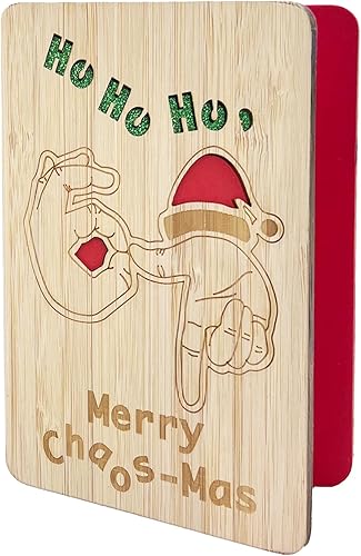 67 divertidas tarjetas de madera de Navidad, Ho Merry Chaos‑Mas, interior rojo en blanco para mensaje personalizado, regalo para familiares y