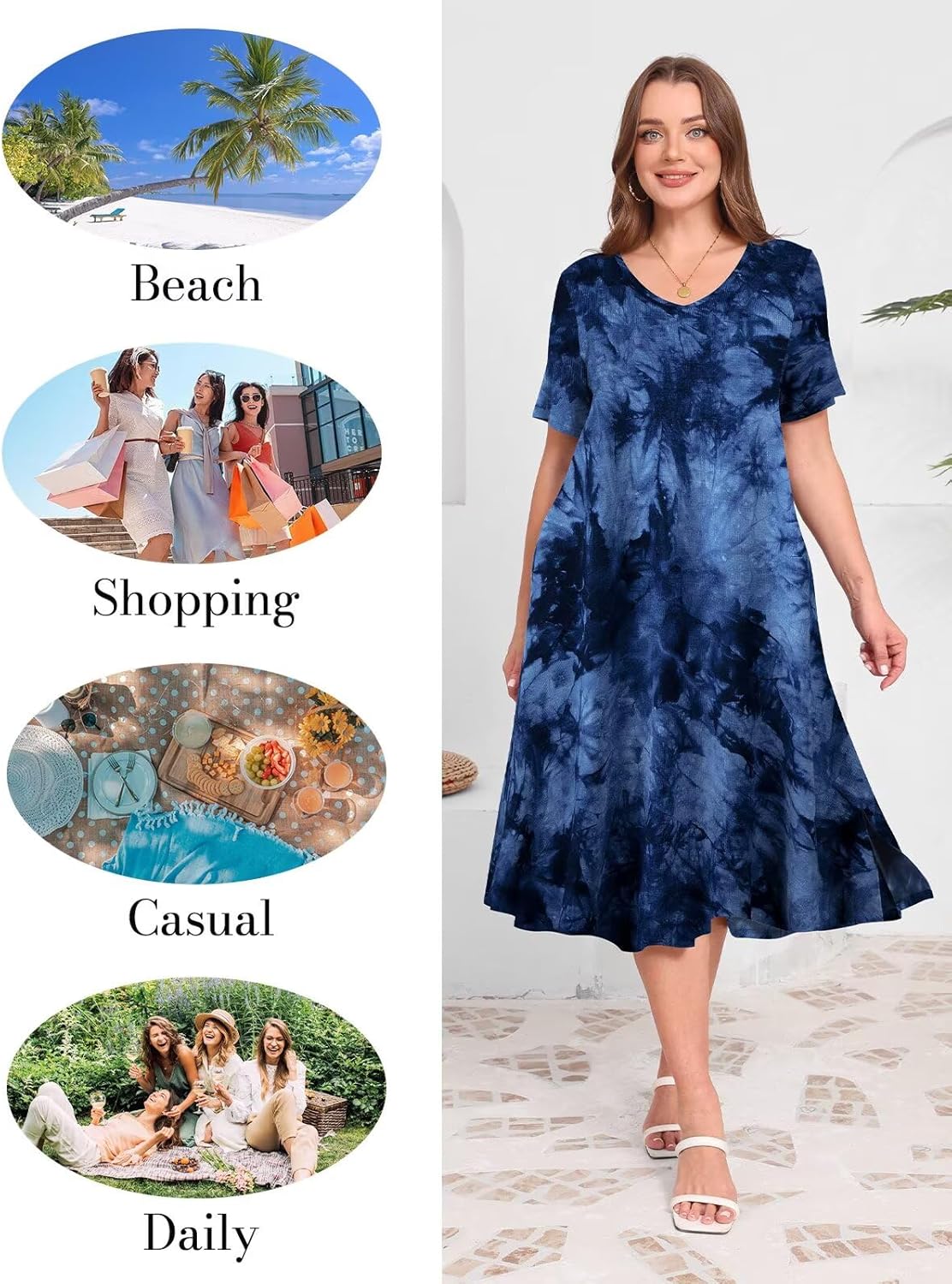 BELAROI Women Plus Size Dresses Summer Casual Midi Tshirt Dress V Neck Short Sleeve Long Maxi Side Split Pockets - Image 6