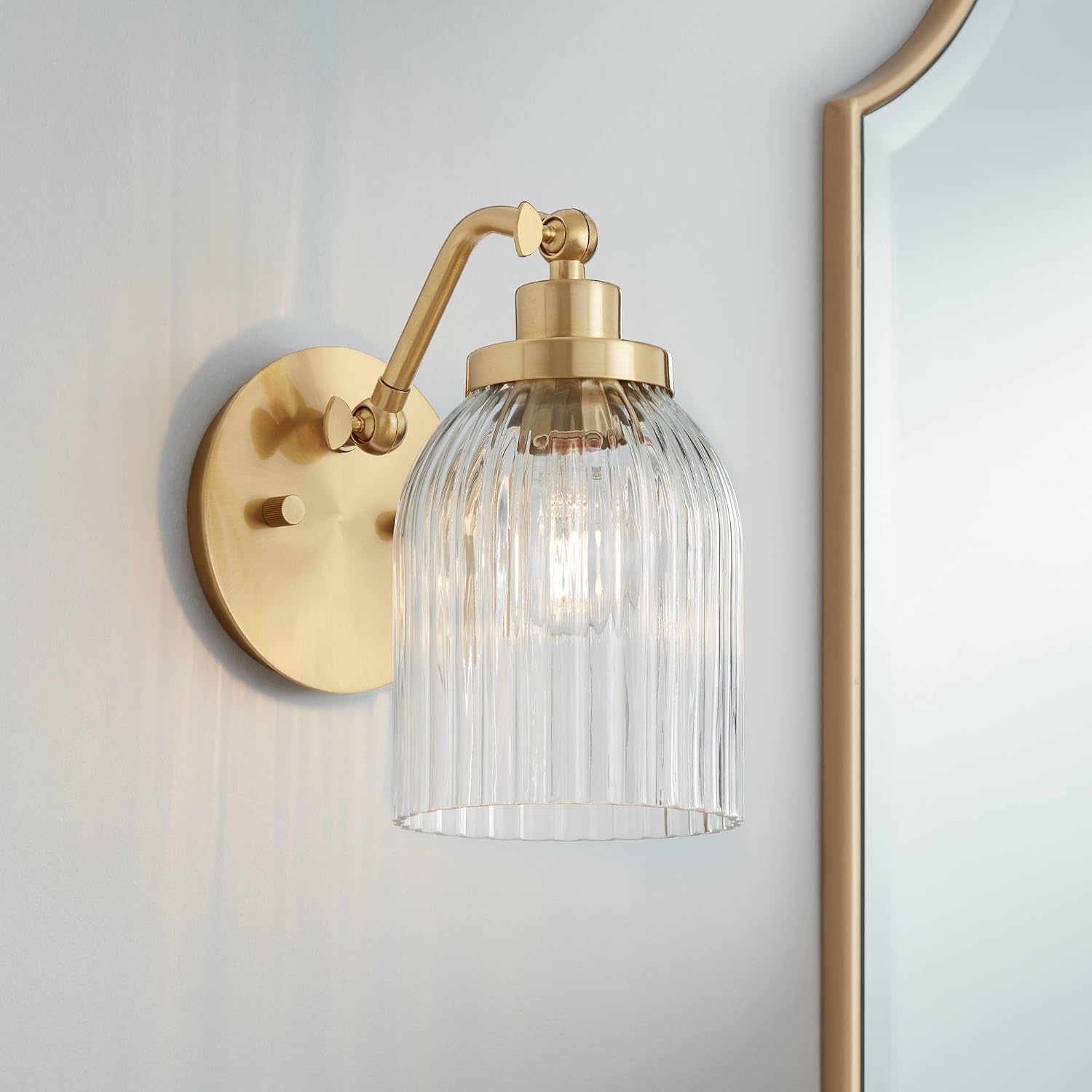 Regency Hill Leyna Mid Century Modern Wall Light Sconce Antique Brass Hardwire 5 1/4" Fixture Clear Striped Glass Shade for Cottage Core Bedroom Bathroom Bedside Vanity Living Room Hallway Dining