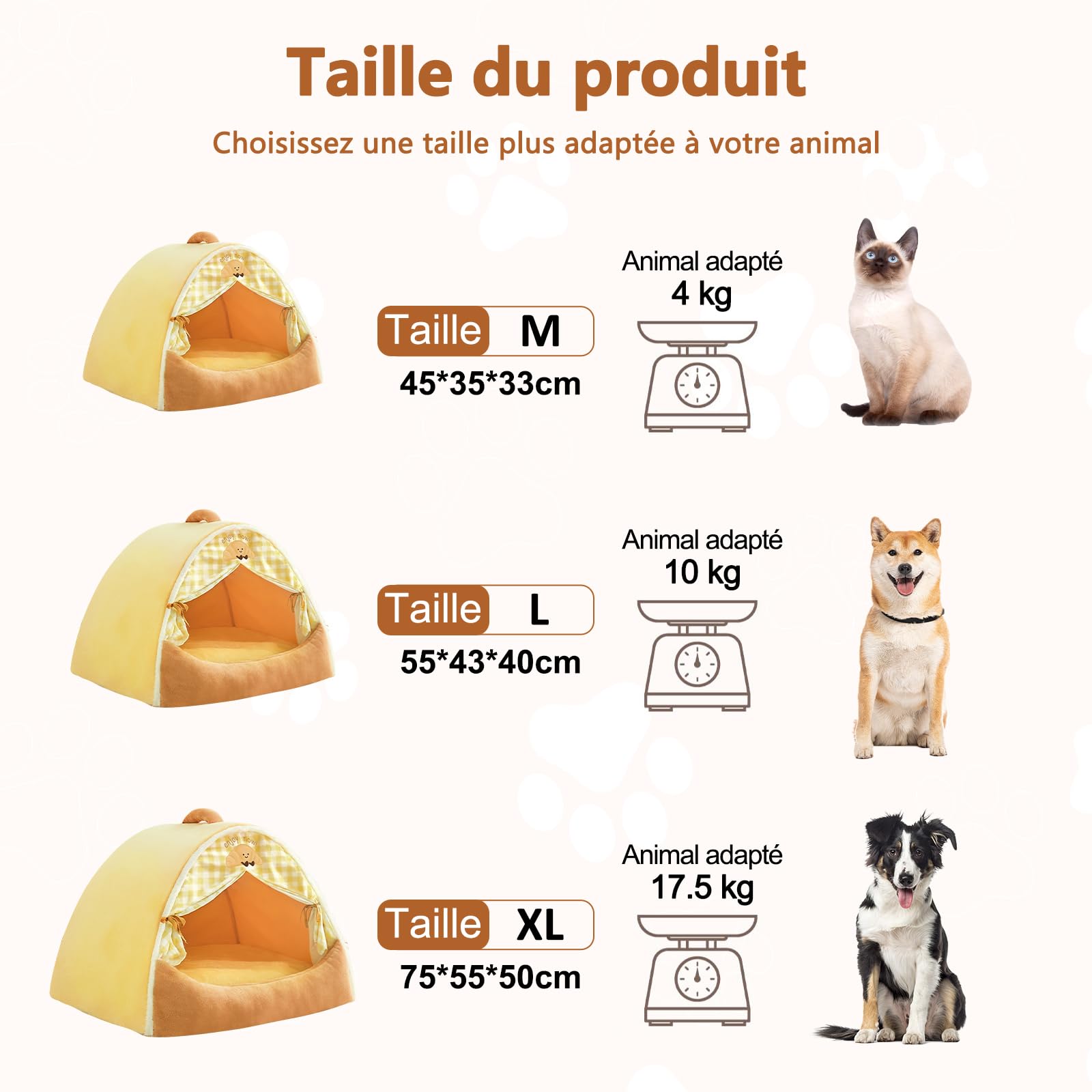 Galatée Maison pour Chat, Lit Igloo pour Chat Chaud Et Confortable, Lit pour Animaux De Compagnie Amovible Et Lavable, Nid pour Chien Mignon avec Coussin Amovible(L, Jaune)