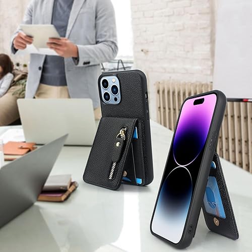 Miniatura 4 de Lacass Funda compatible con iPhone 15 Pro de 6.1 pulgadas, tarjetero con bolsillo con cremallera y función atril de cuero (negro)