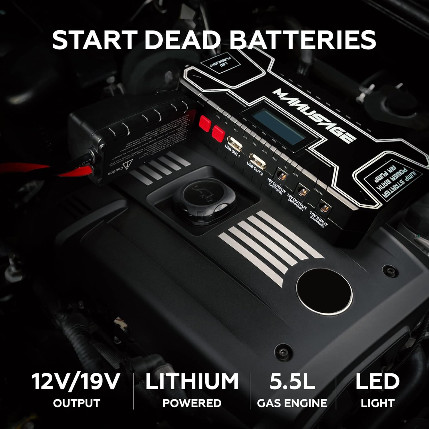 Jump Starter (for 5.5L Gas or to 4.0L Diesel) Powerful Car Jump Starter with Dual USB Quick Charge and DC Output,12V/19V Jump Pack with Car Tire Air Pump & LED Flashlight