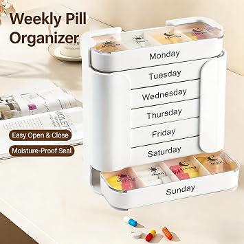 7-Day Medication Organizer for Effortless Health Management,7 Day Pill Box Organiser 4 Times A Day,Stackable Pill Box Organiser,Large Monthly Pill Box Organiser,Tablet Dispenser,Pill Dispenser,White
