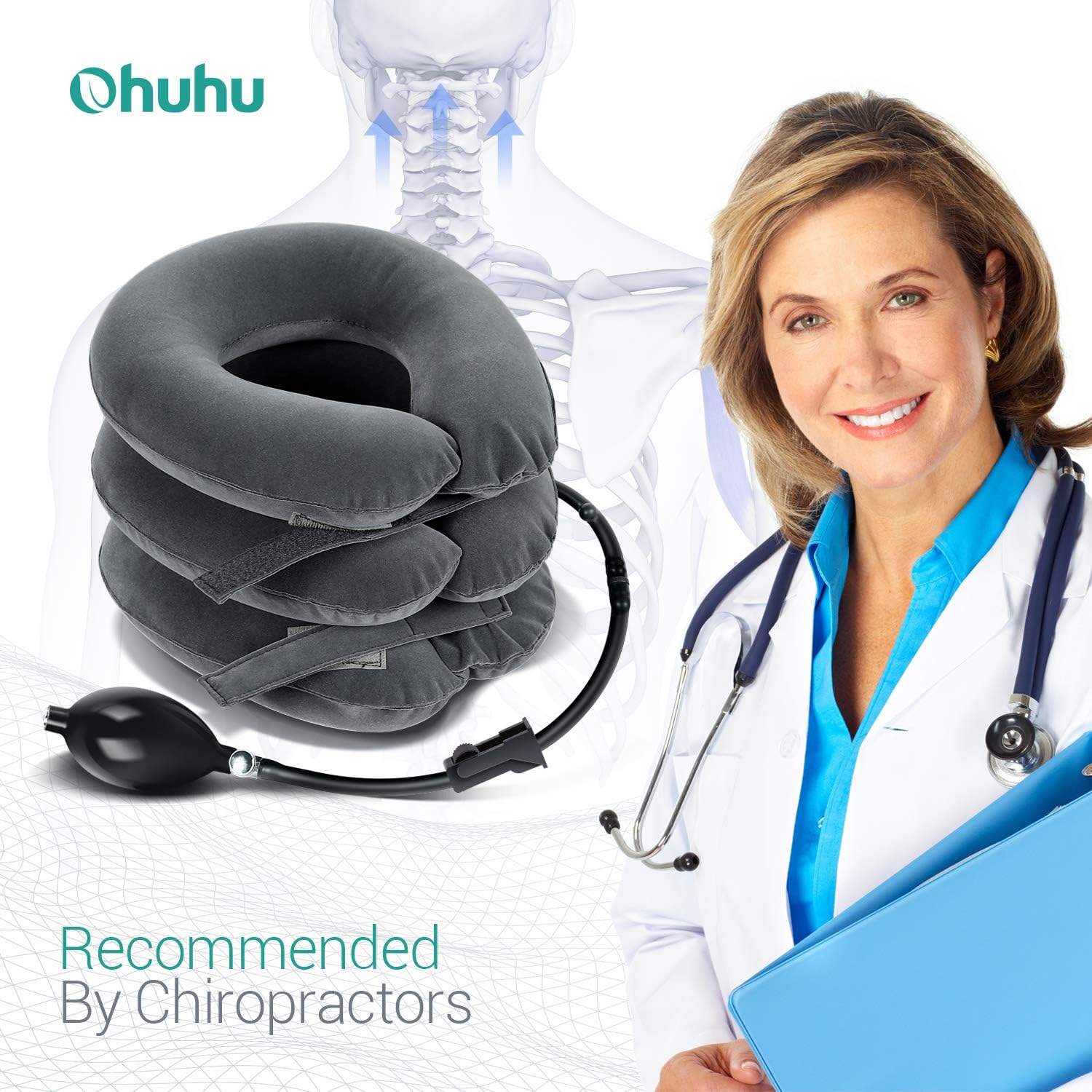 Upgraded Cervical Neck Traction Device by Ohuhu, Inflatable and Adjustable Neck Collar Device, Neck Support Stretcher for Traction Spine Alignment and Chronic Neck Pain Relief Gray Father's Day Gift