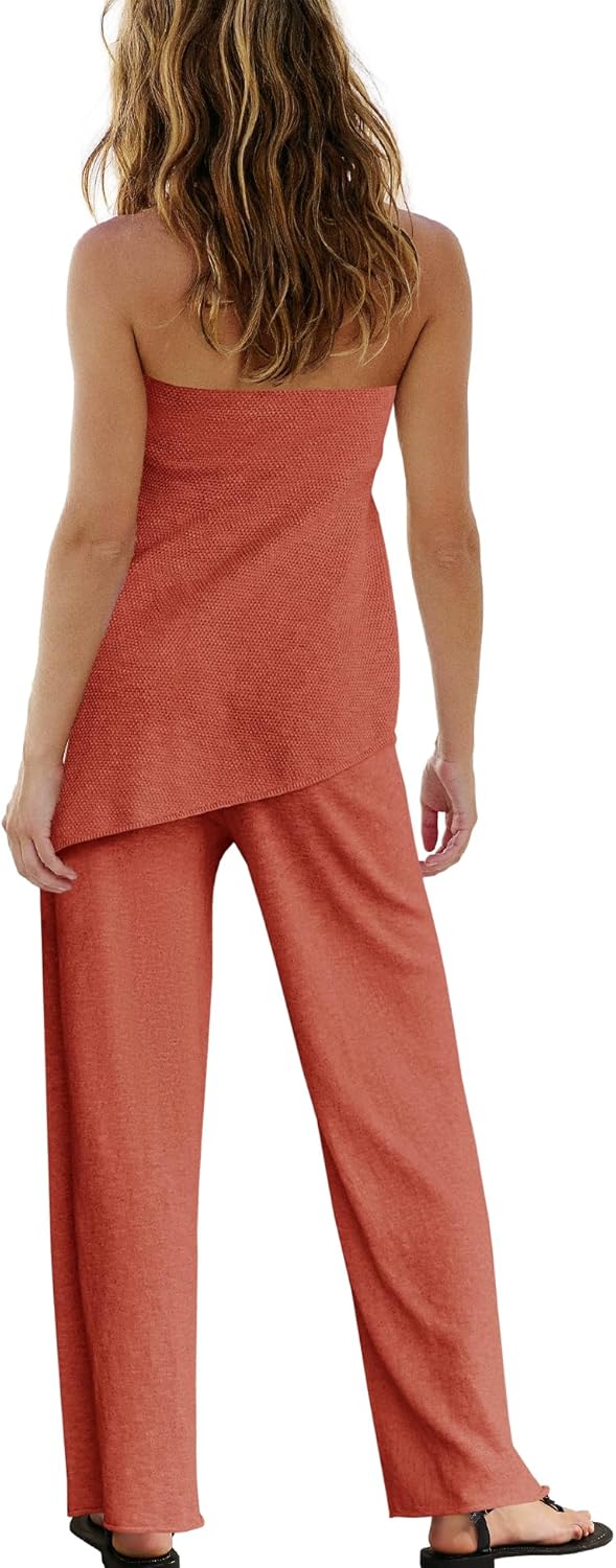 Panadila Womens Off Shoulder Sweater Set 2 Piece Outfits Summer Vacation Knit Matching Lounge Set Tube Top and Pants Set - Image 4