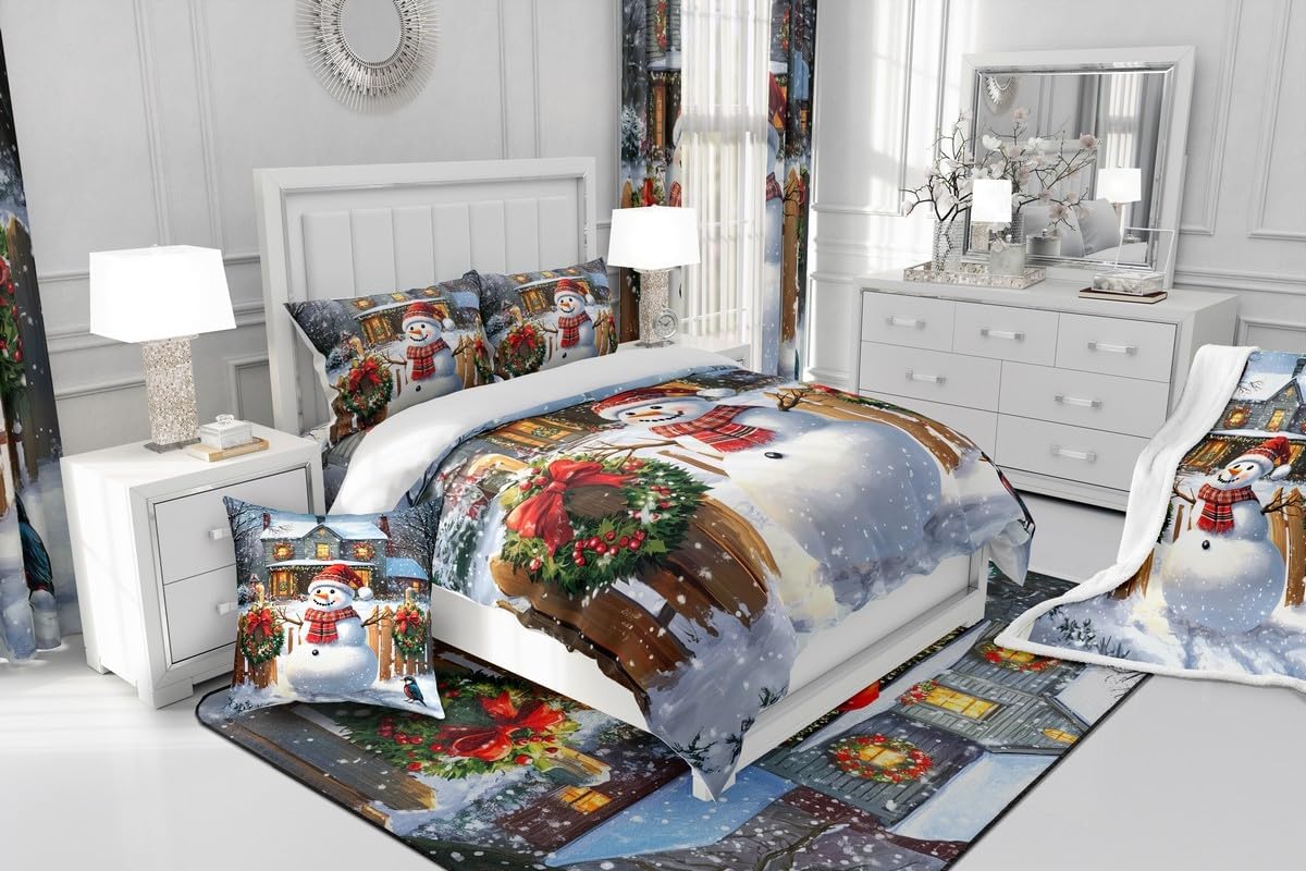 3D Snowman Duvet Cover,Kids Snowhouse Bedding Set,Christmas Eve Comforter Cover for Boys Girls Room Decor,Snow Scene Bedspread Cover Twin Size with 1 Pillow Case(No Comforter)