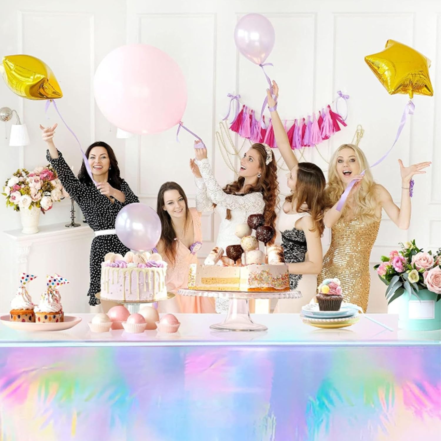 10 Pack Holographic Table Skirts – Iridescent Plastic Disposable Table Skirt for Party, Wedding, Birthday, Disco & Festival Decorations (54" x 108")(Silver-Pink,137 x 274 cm/54 * 108in)