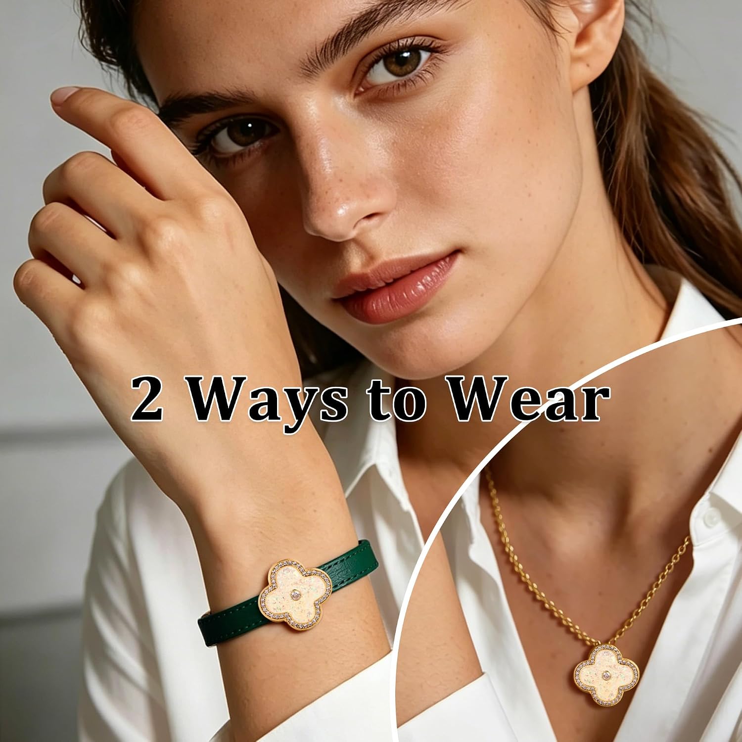 LETFLY Four Leaf Clover Leather Watch Bands Bracelet for Women, 2-in-1 Opal Clover Bracelet & Necklace with Removable Pendant and Chain, Dainty Anniversary Birthday Jewelry Gifts for Women