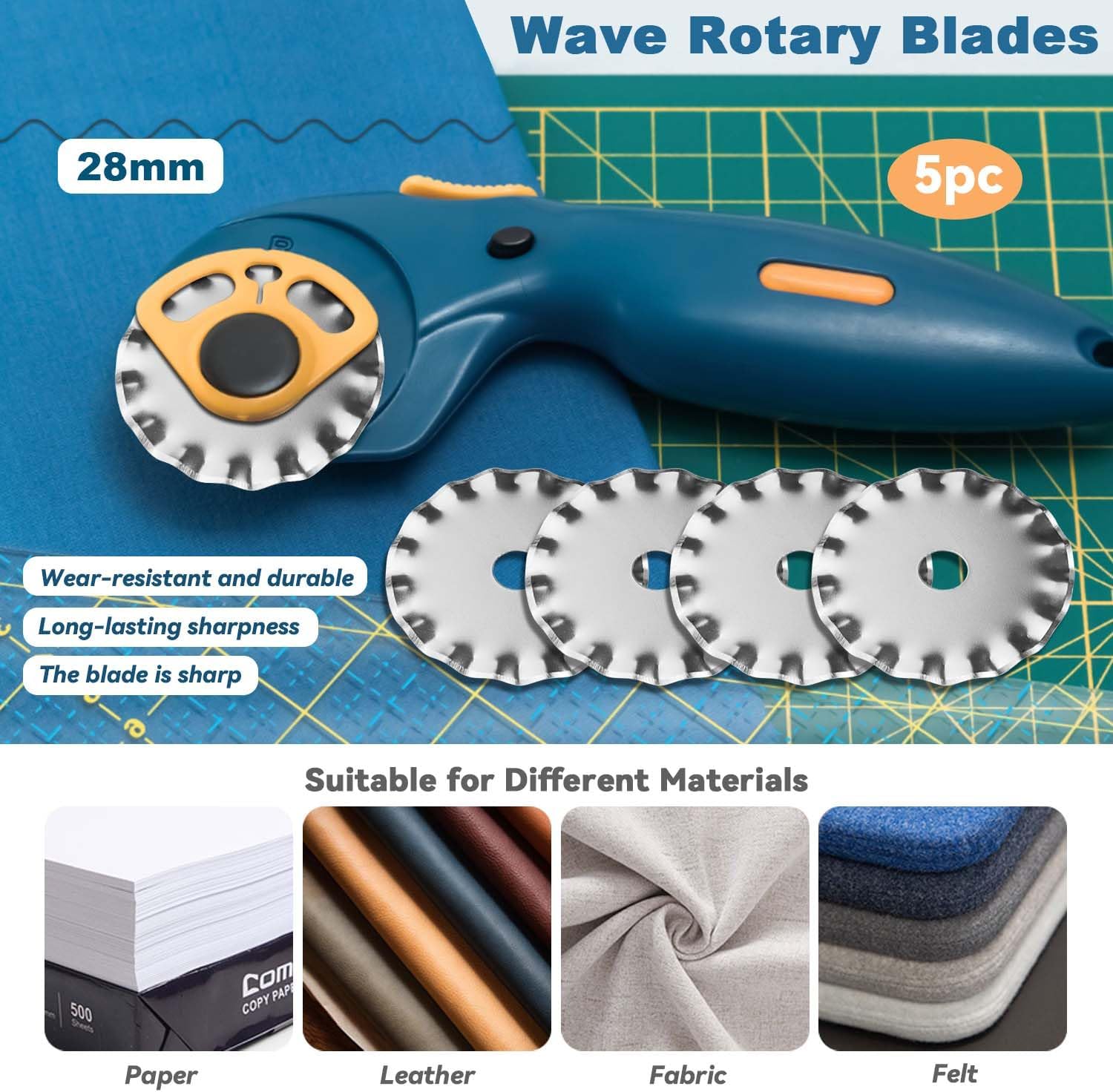 Yakamoz 5Pcs 28mm Pinking Rotary Cutter Blades - Wave Rotary Blades Replacement Pinking Circular Refill Blade Paper Fabric Cutting Tool for Quilting - Fits for Olfa Fiskars