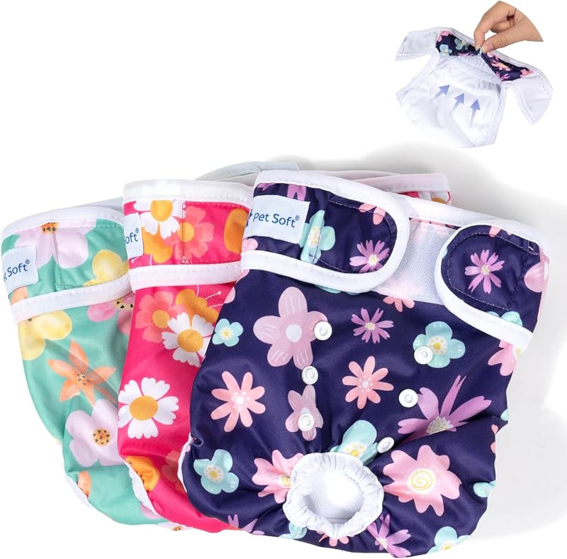 Pañales femeninos lavables (paquete de 3) pañales para perros femeninos, cómodos pañales reutilizables para perros en período de calor (flor, S)