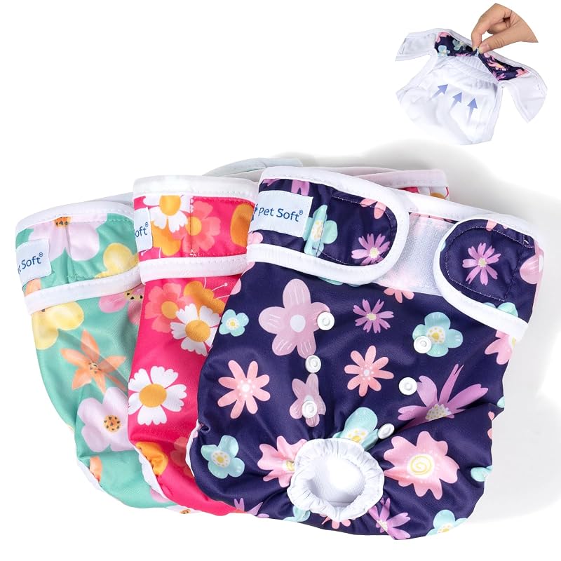 Fraldas Reutilizáveis para Cadelas Pet Soft com Fecho Ajustável, X-Small, Pacote com 3