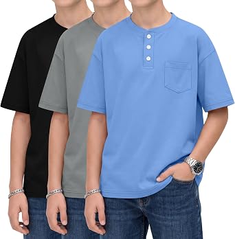 Oakgarden 3 Pack Boys Henley T Shirts | Oversized, Short Sleeve, Loose Fit, Button Front, Kids Casual Basic Tee, Summer, Ages 5-14Y