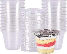 اكواب بلاستيكية شفافة باغطية مسطحة خالية من البيسفينول ا تستخدم مرة واحدة لتقديم المشروبات الباردة او القهوة عصائر السموذي الحلويات الكب كيك جايي (50 قطعة بسعة 9 اونصة)