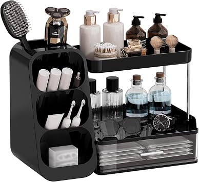 UFORU Makeup Organizer Countertop with Brush Holder for Vanity Bathroom | 3 Tiers Design, Large Capacity, Thickened Plastic, Detachable Brush Holder, Clear Drawer, Quick Access, Space-Saving