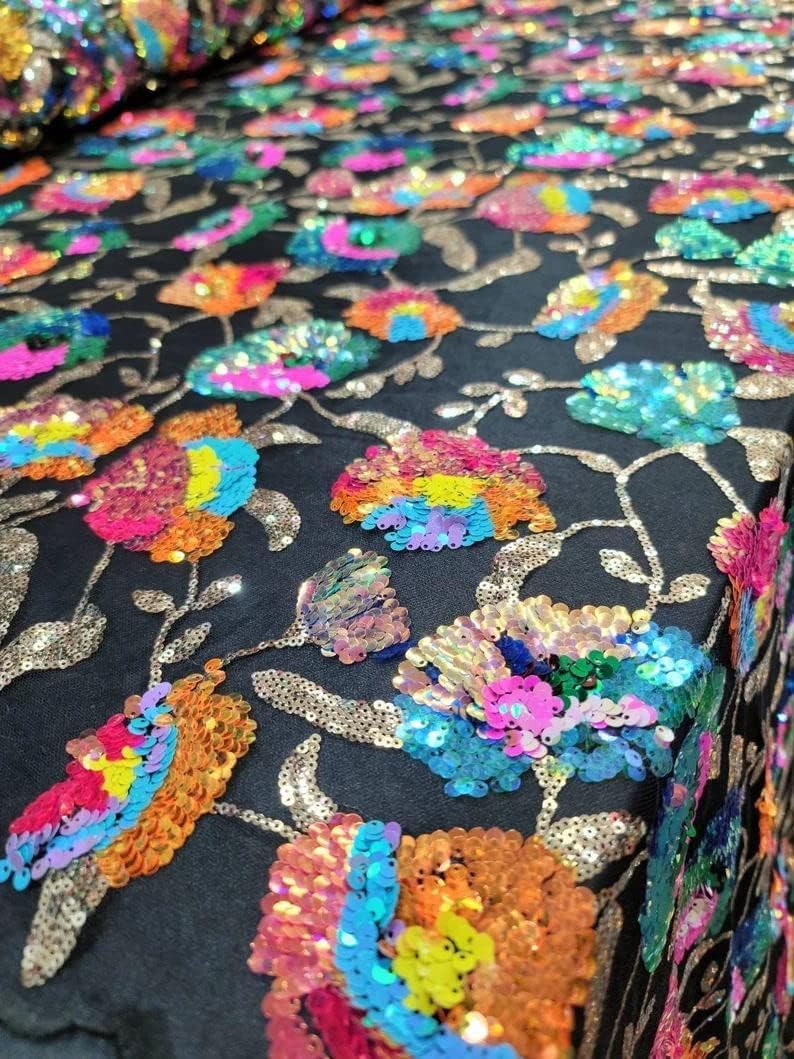 51" Width Colorful Flower Soft Tulle Crystal Glittering Sequins Tulle Lace Fabric French African Voile Wedding Fabric for Sewing DIY Bridal Evening Party Dress Home Decor (Black Mesh, 2 Yard pre Cut)